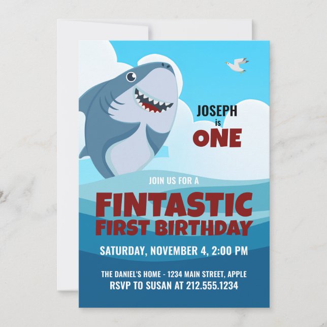 Boy's Fintastic First Birthday Shark Invitation (Front)
