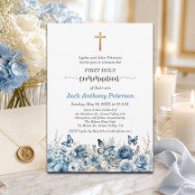 Boy's First Communion Gold Cross Blue Floral