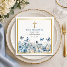 Boy's First Communion Gold Cross Blue Floral