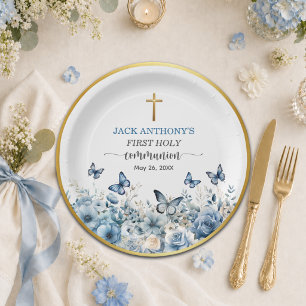 Boy's First Communion Gold Cross Blue Floral Paper Plate