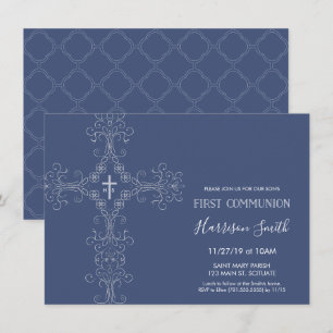 Boy's First Communion Invitation - Cross, Monogram
