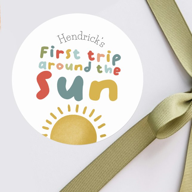 Boys First Trip Around The Sun 1st Birthday Favour Classic Round Sticker (Creator Uploaded)