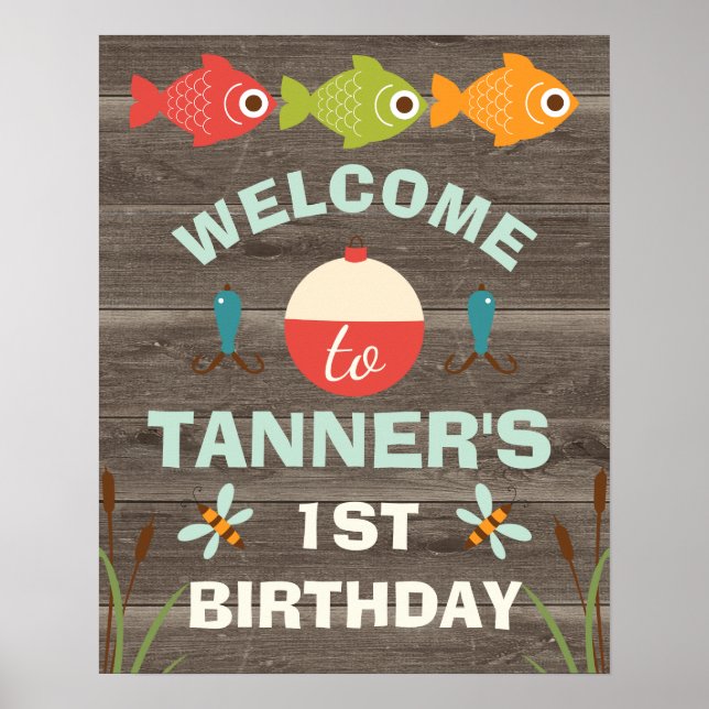 Boys Fishing Themed 1st Birthday Welcome Poster (Front)