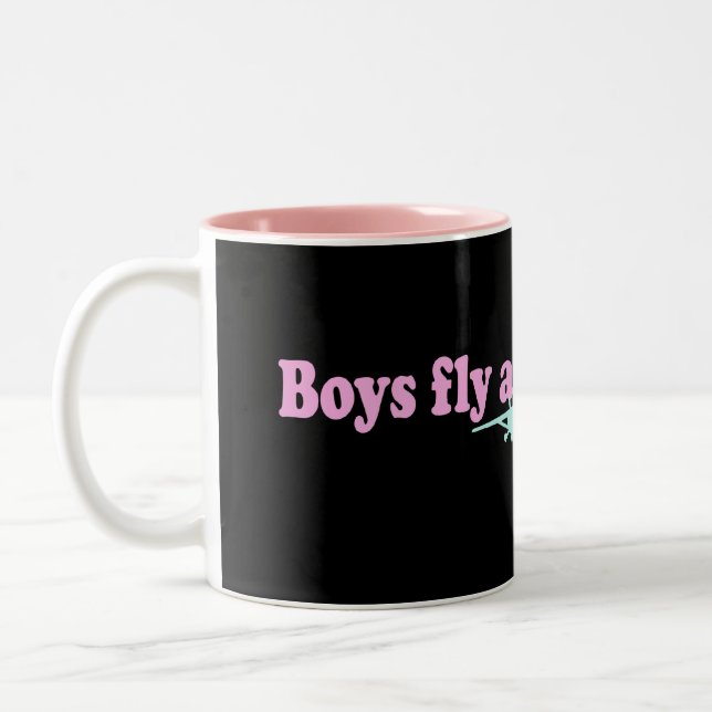 "BOYS FLY AIRPLANES TOO?" Two-Tone COFFEE MUG (Left)