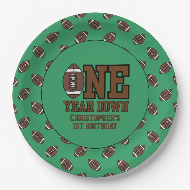 Boys Football First Year Down 1st Birthday Party Paper Plate (Front)