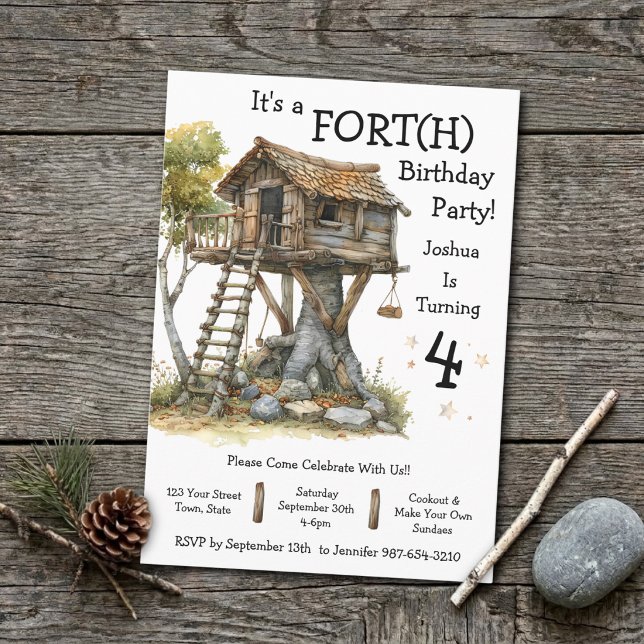 Boy's Fun Treehouse Fort Fourth Birthday Invitation (Creator Uploaded)