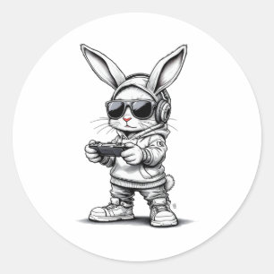 Boys Gamer Bunny Face With Sungles Bunny Gaming Ea Classic Round Sticker