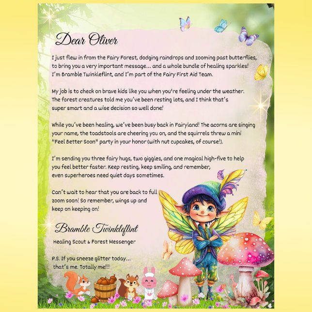 Boys Get Well Soon Fairy Letter – Personalised (Boys Get Well Soon Fairy Letter – Personalized Printed Note from Bramble Twinkleflint)