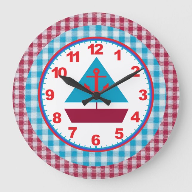 Boys Gingham Sailboat Clock With Numbers (Front)