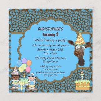 Boys, Giraffe & Cake Blue & Brown Animal Print Invitation