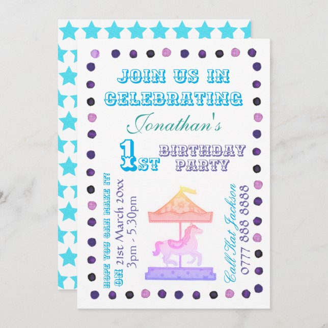 Boys/Girls B'day Party Invitation - Carousel Theme (Front/Back)