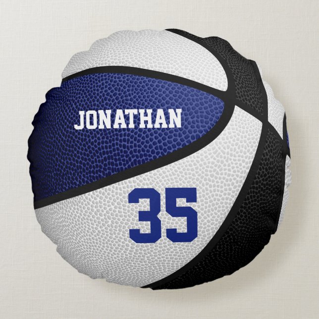 Boys girls blue black personalised basketball round cushion (Front)