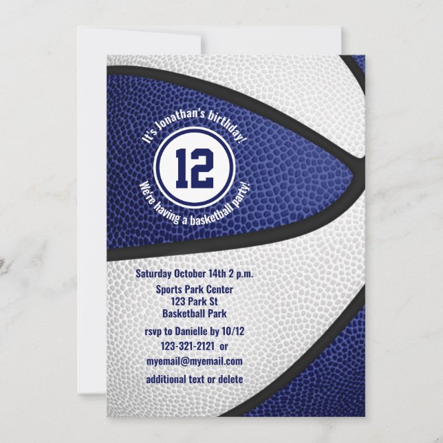 boys girls blue white basketball birthday party invitation (Front)