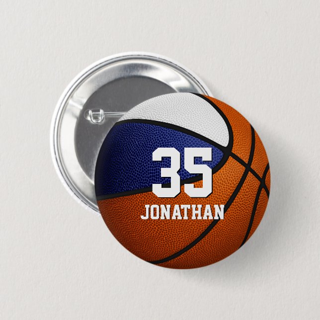 boys girls blue white basketball team colours 6 cm round badge (Front & Back)