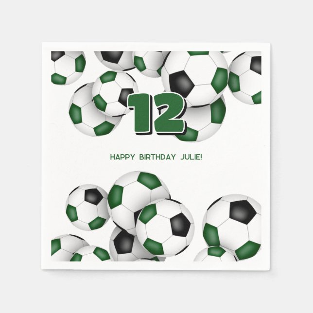 boys girls green black soccer sport birthday party napkin (Front)
