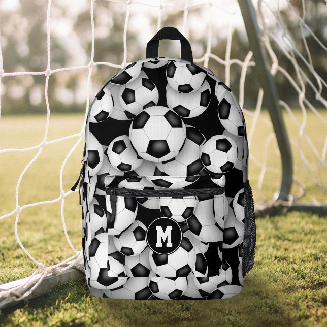 Boys girls monogrammed soccer balls pattern  printed backpack (in soccer goal)