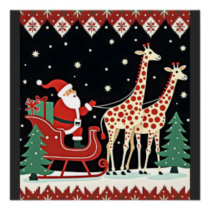 Boys Girls Santa Claus Riding Giraffe Sleigh Ugly Poster