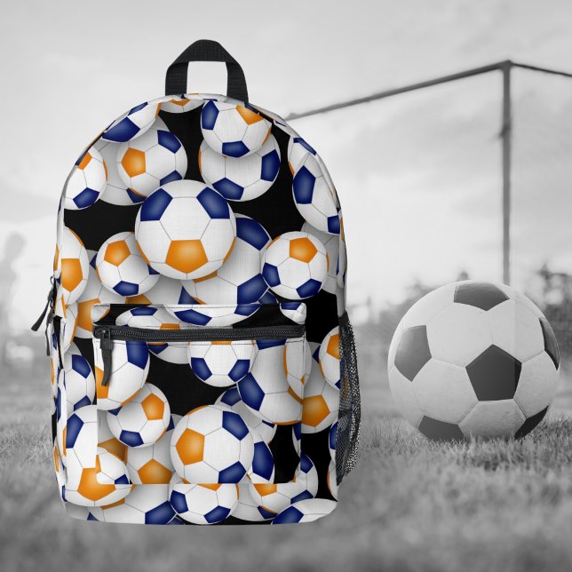boys girls soccer player blue orange team colours printed backpack (Front view backpack without personalization)