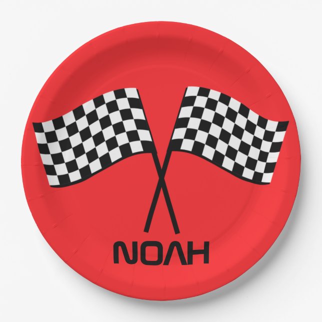 Boy's Go Kart Pit Stop Birthday Racing Flags Class Paper Plate (Front)