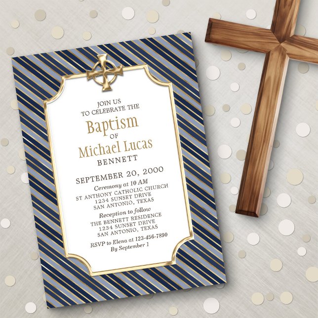 Boys' Gold Navy Stripes Baptism Invitation (Creator Uploaded)