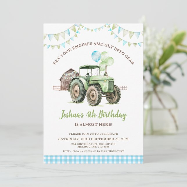 Boys Green Blue Balloons Tractor Birthday Invitation (Standing Front)