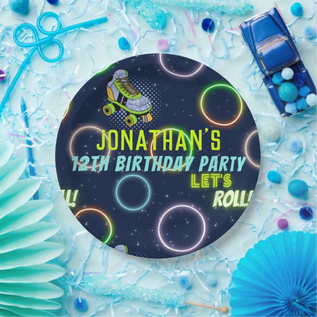 Boys Green Blue Neon Lights Roller Skating Paper Plate (Party)