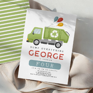 Boys Green Garbage Trash Truck Kids Birthday Invitation
