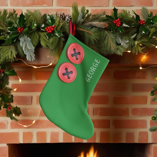 Boys Green Santa's Workshop Kids Large Christmas Stocking (A green Christmas Stocking with red buttons inspired by Santa's workshop. )