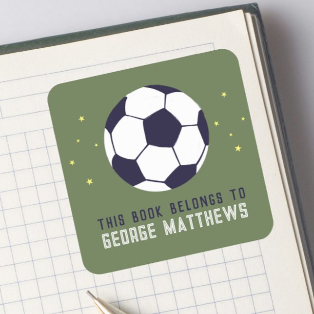 Boys Green Soccer Sporty Kids Bookplate Square Sticker (Creator Uploaded)