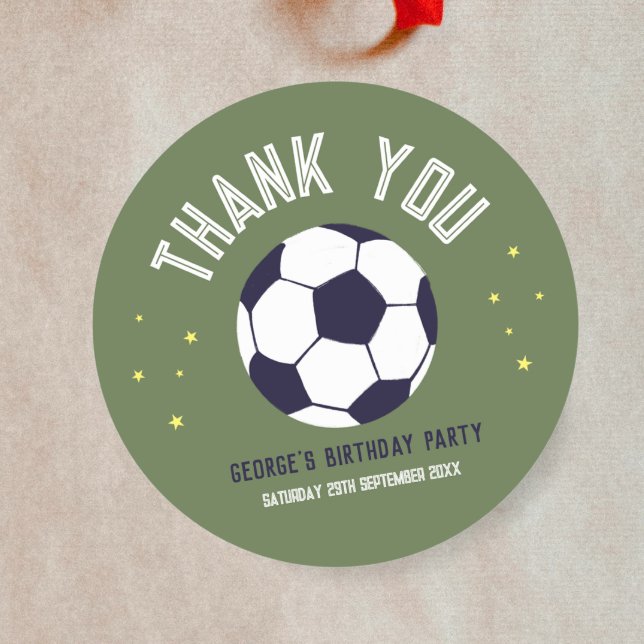 Boys Green Soccer Sporty Thank You Kids Birthday Classic Round Sticker (Creator Uploaded)