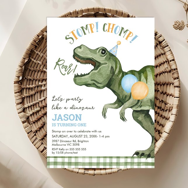 Boys Green Stomp Chomp Roar Dinosaur 1st Birthday Invitation (Stomp Chomp Roar Party Like A Dinosaur Birthday Invitation Template, Dinosaur Themed 1st Birthday )