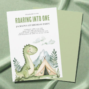 Boys Green Watercolor Dinosaur 1st Birthday Party Invitation