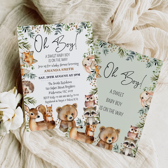 Boys Greenery Woodland Baby Shower Invitation (Cute woodland baby shower invitation for a boy featuring eight cute woodland animals and foliage.)
