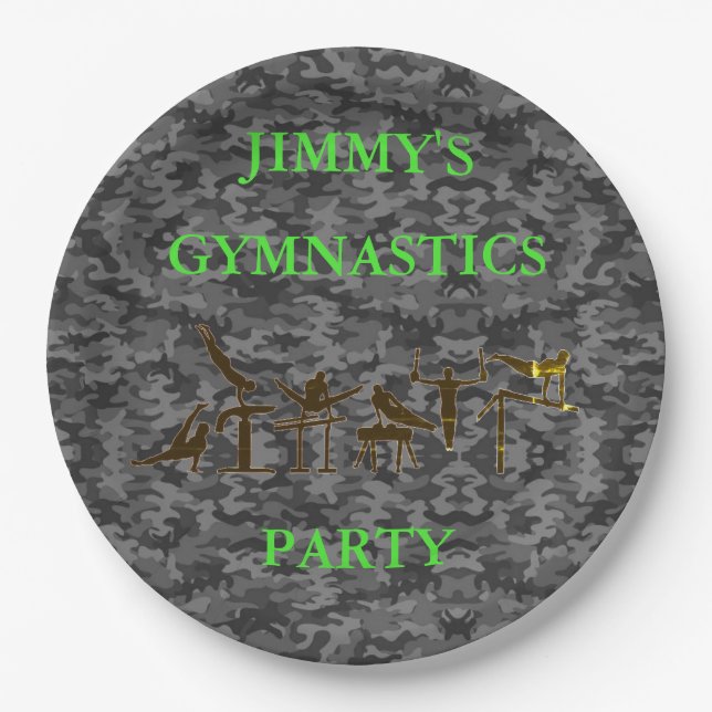 Boys Gymnastics Birthday Party Camo Plates w/ Name (Front)
