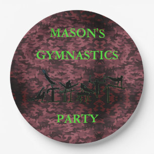 Boys Gymnastics Birthday Party Camo Plates w/ Name
