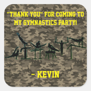 Boys Gymnastics Party "Thank you" Camouflage Square Sticker