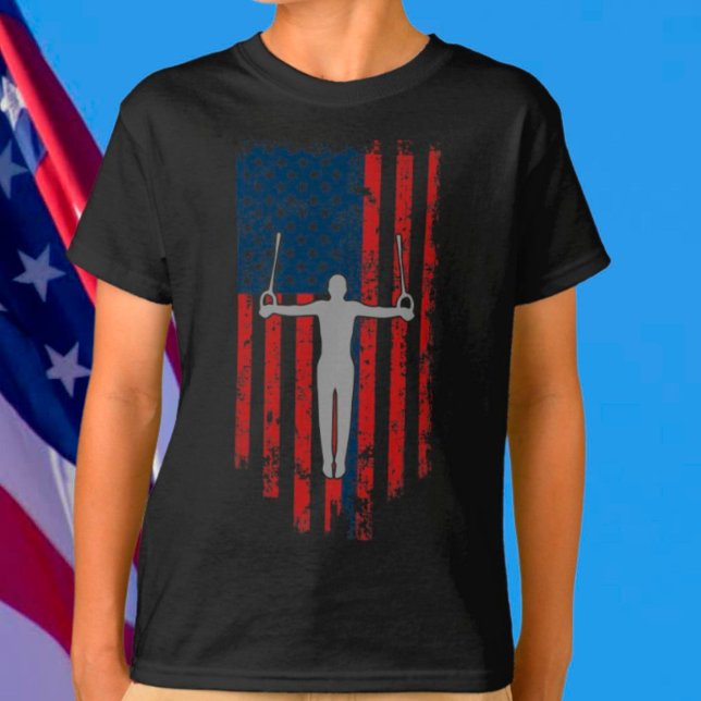 Boys Gymnastics Rings Distressed American Flag T-Shirt (Creator Uploaded)