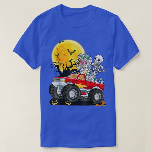 Boys Halloween Monster Truck Crash Pumpkin Dinosau T-Shirt (Design Front)