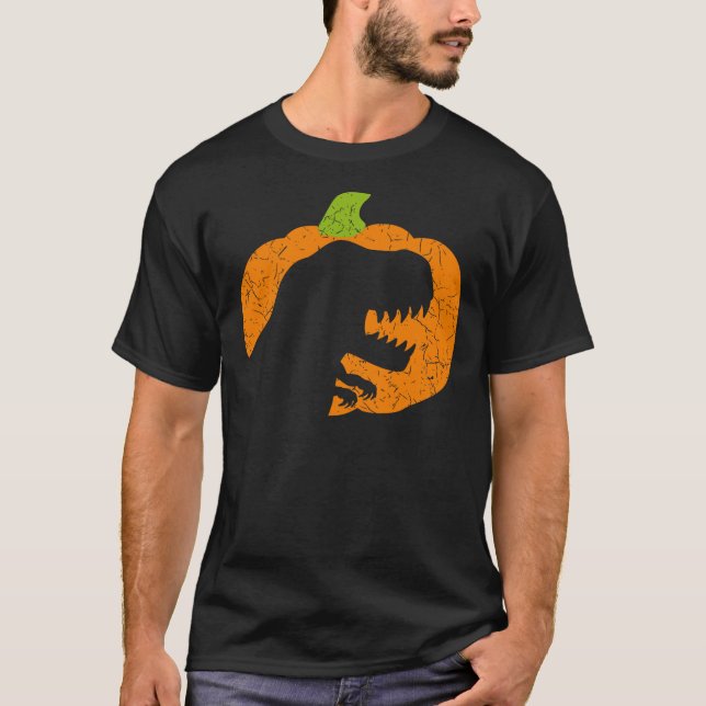 Boys Halloween Pumpkin T-Rex Dinosaur Silhouette T-Shirt (Front)