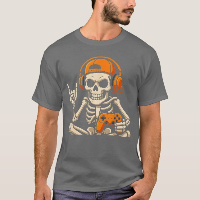 Boys Halloween Skeleton Gamer Video Gamingeenage M T-Shirt (Front)
