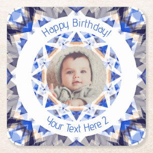 Boys Happy Birthday Blue Star Custom Photo Age Square Paper Coaster