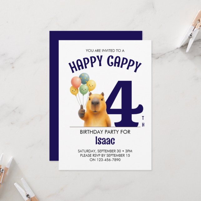 Boys HAPPY CAPPY Custom Capybara 4th Birthday Invitation (Front/Back In Situ)
