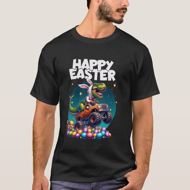 Boys Happy Easter Bunny T Rex Dinosaur Monster Tru T-Shirt (Front)