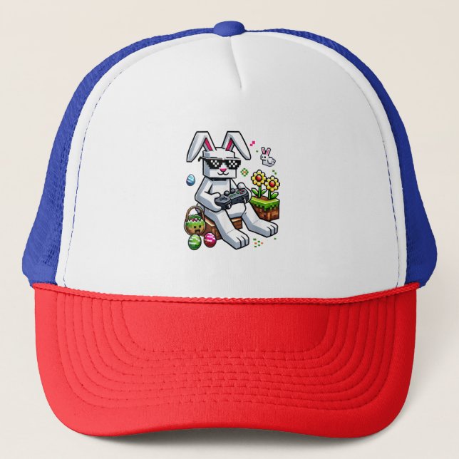 Boys Happy Easter Day Bunny Egg Video Game Trucker Hat (Front)