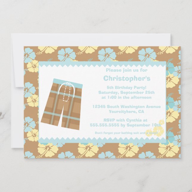 Boy's hibiscus swimming birthday party invitation (Front)