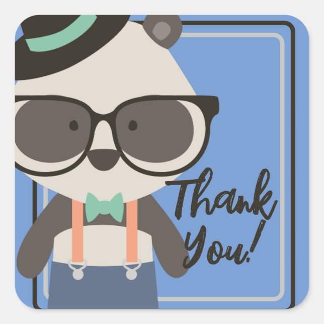 Boys Hipster Mister Panda Bear Birthday Square Sticker (Front)