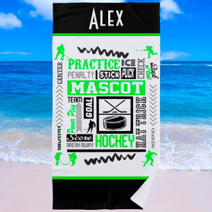 Boys Hockey Terminology Personalised Neon Green Beach Towel