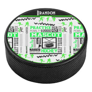 Boys Hockey Terminology Personalised Neon Green Hockey Puck