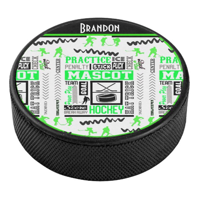 Boys Hockey Terminology Personalised Neon Green    Hockey Puck (3/4)