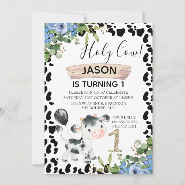 Boys Holy Cow and Cow Print 1st Birthday Invitatio Invitation (Front)